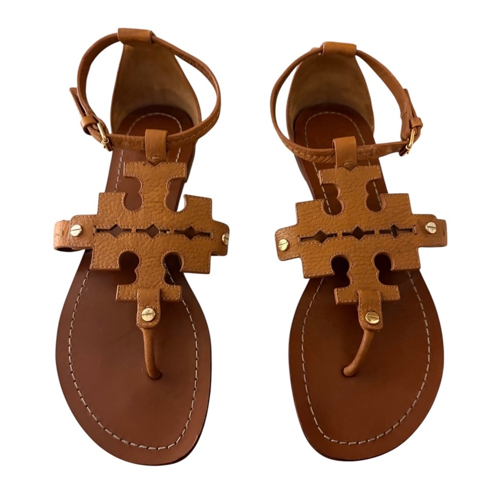 Tory Burch Miller Ankle Strap Leather Sandals Tan Size 9M Flat Thong Logo